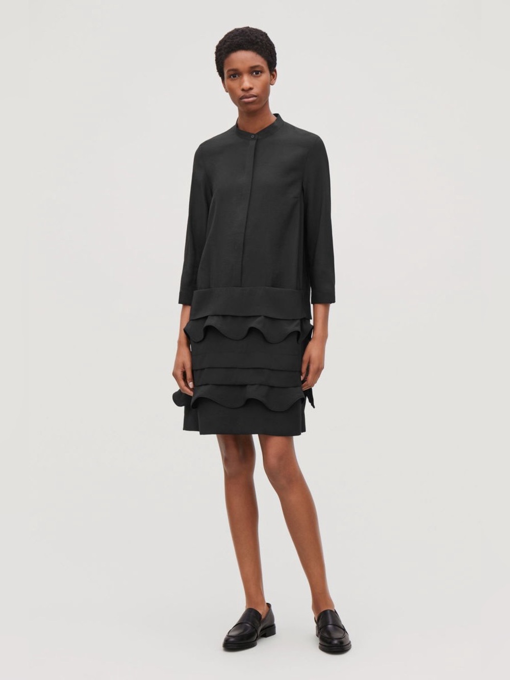 Cos Black Ruffle Tiered Shift Dress 3/4 Sleeves Button Front
